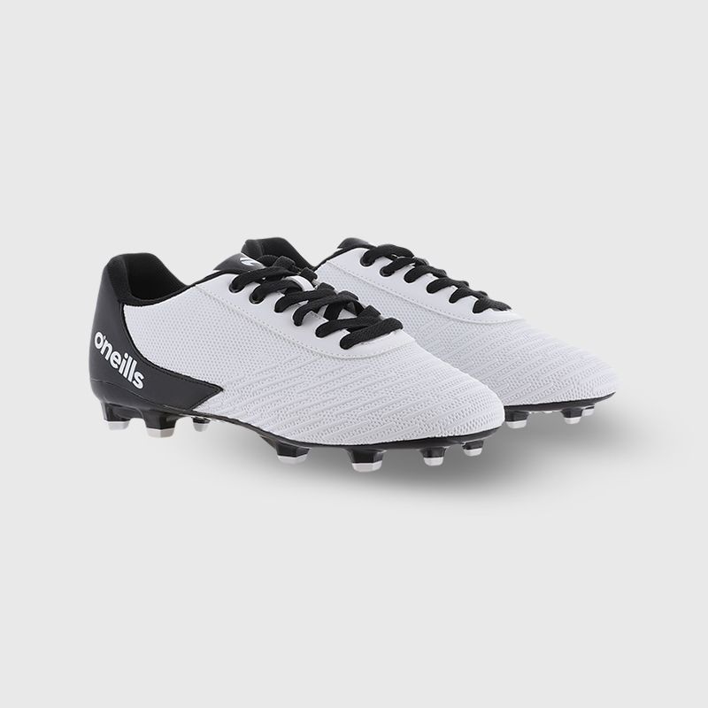 white and black O’Neills Meteor Youth football boots with moulded studs and lace closure by O’Neills.