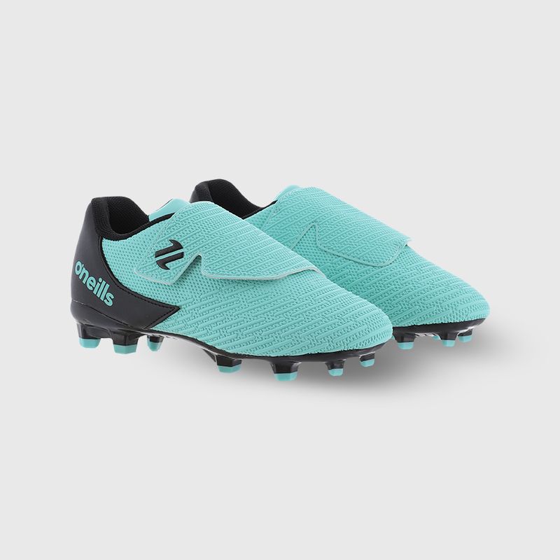 Mint and Black O’Neills Meteor Pre-School football boots with moulded studs and Velcro closure by O’Neills.