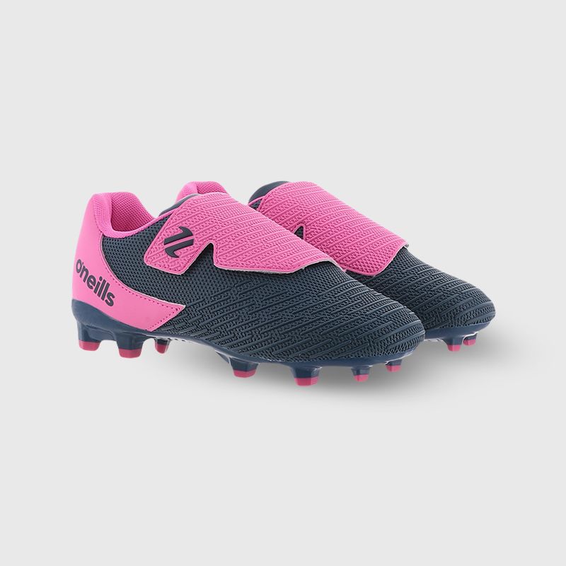 Marine and Pink O’Neills Meteor Junior football boots with moulded studs and Velcro closure by O’Neills.