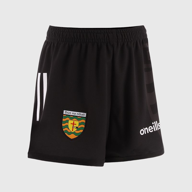 Black Donegal GAA Kids' Keeper Shorts with 3 stripe detail on leg by O’Neills.