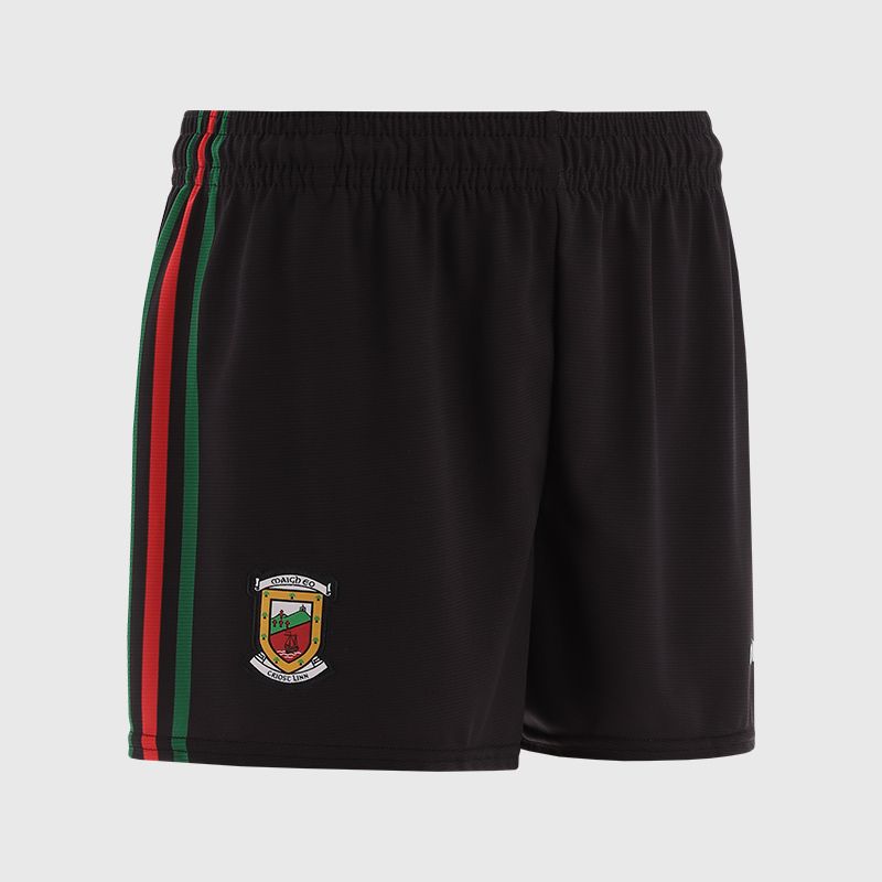 Black Mayo GAA Kids' Alternative Goalkeeper Shorts with stripe detail on leg by O’Neills.
