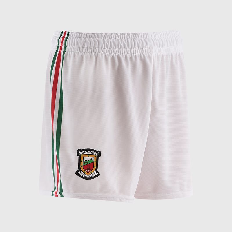 White Mayo GAA Home Shorts with stripe detail on leg by O’Neills.