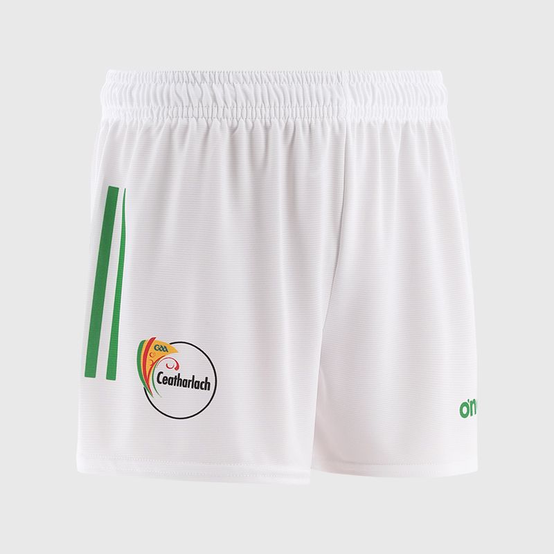 White Carlow GAA Kids' Home Shorts with stripe detail on leg by O’Neills.