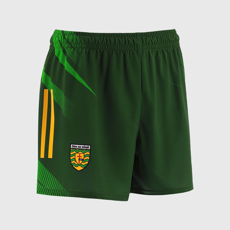 Green Donegal GAA Kids' Training Shorts with stripe detail on leg by O’Neills.