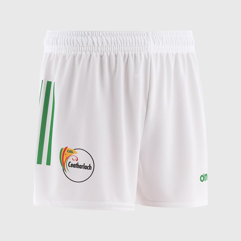 White Carlow GAA Men's Home Shorts with stripe detail on leg by O’Neills.