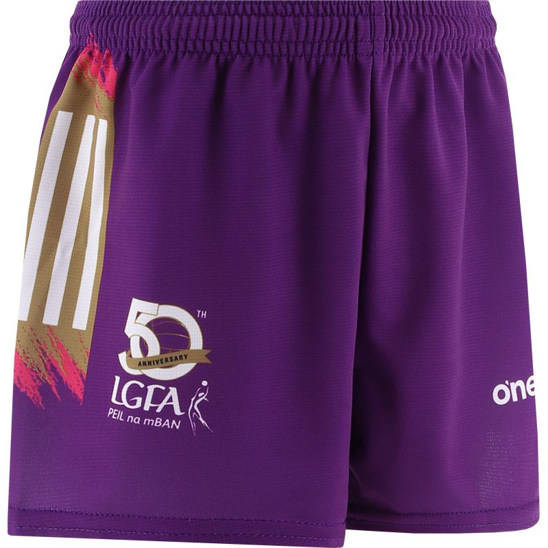 Purple LGFA Kids' 50th Anniversary Shorts with 3 stripe detail on leg by O’Neills.