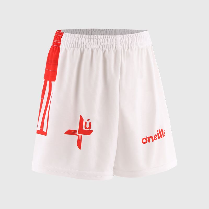 White Louth GAA Kids' Home Shorts with 3 stripe detail on leg by O’Neills.