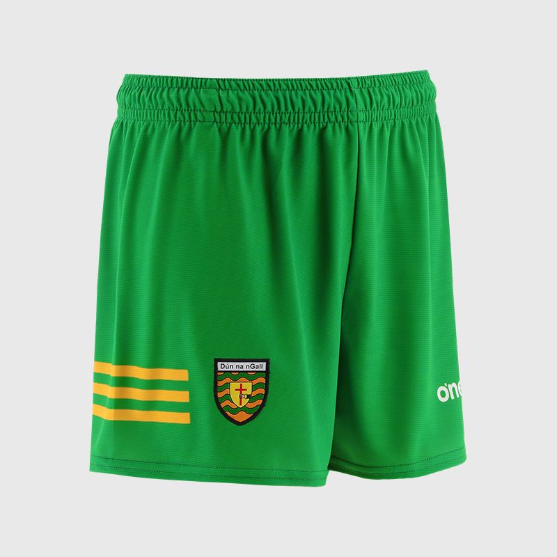 Green Donegal GAA Home Shorts with 3 stripe detail on leg by O’Neills.