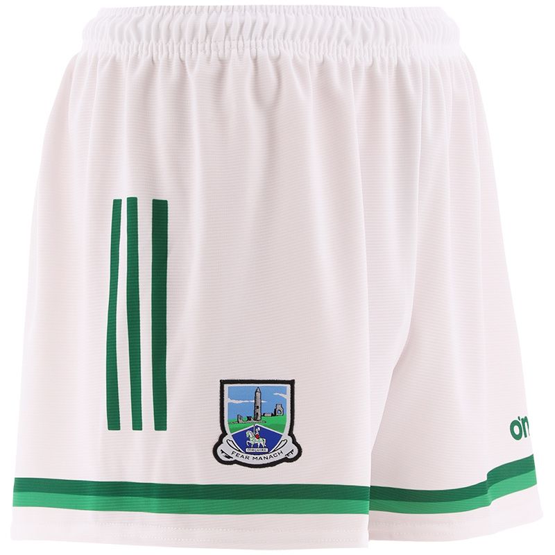 White Fermanagh GAA home shorts with 3 stripe detail on leg by O’Neills.