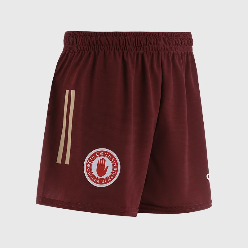 Maroon Tyrone GAA Kids' Alternative Goalkeeper Shorts with stripe detail on leg by O’Neills.