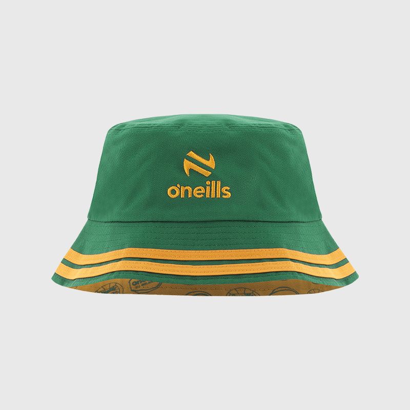 Green Mourne Reversible Bucket Hat from O’Neills Sportswear with Gaelic Football & Hurling Ball pattern.