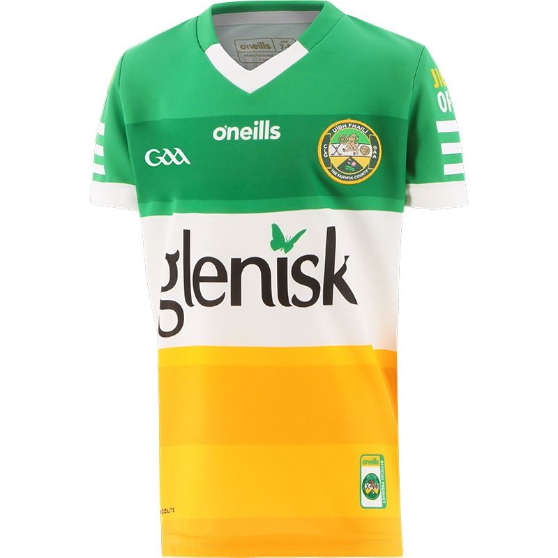 Green/White/Yellow Kids' Offaly Home Jersey 2022 with sponsor logos by O'Neills.