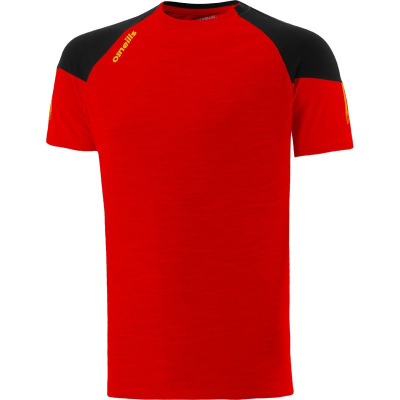 Red men's t-shirt with crew neck and stripes on sleeves by O’Neills.