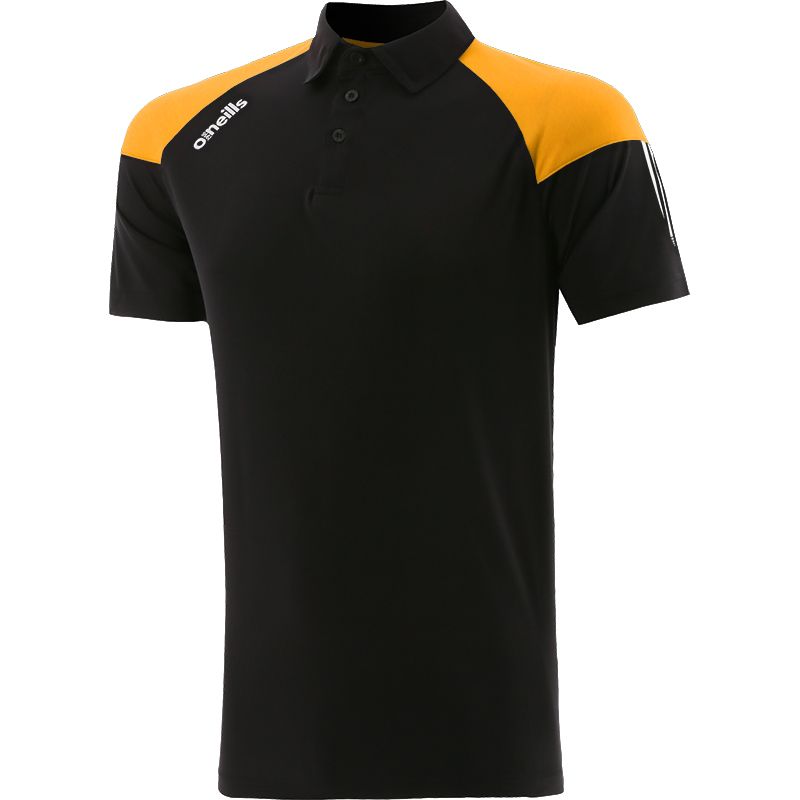 Black kids' polo shirt with stripes on sleeves by O’Neills.