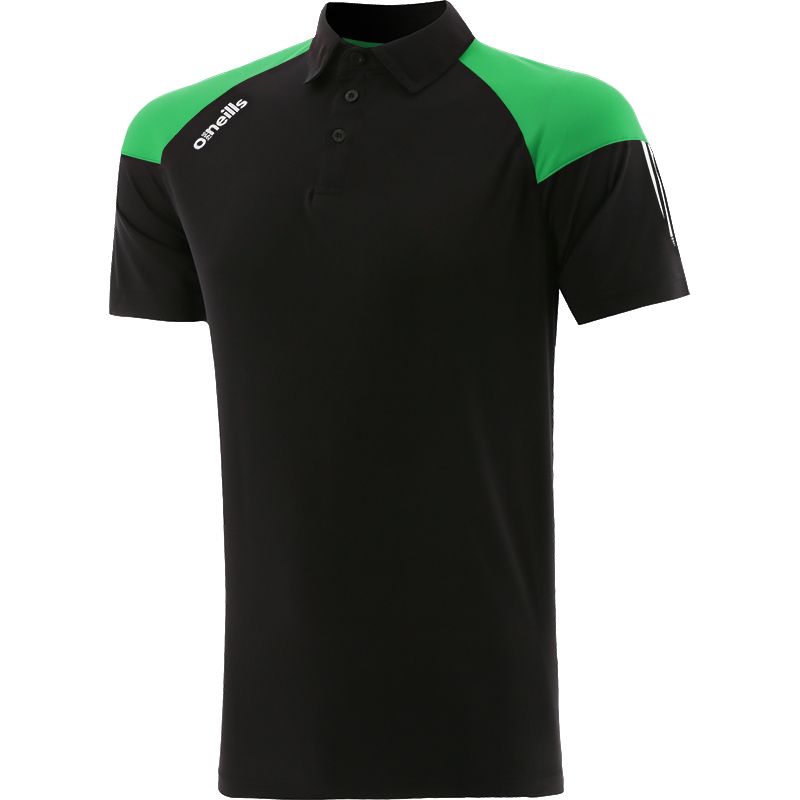 Black men's polo shirt with stripes on sleeves by O’Neills.