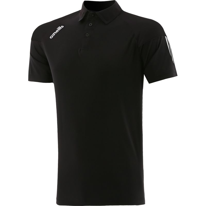 Black kids' polo shirt with stripes on sleeves by O’Neills.