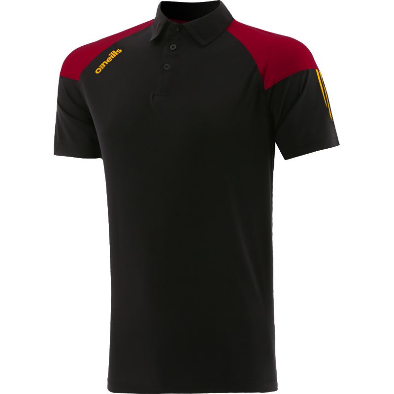Black kids' polo shirt with stripes on sleeves by O’Neills.
