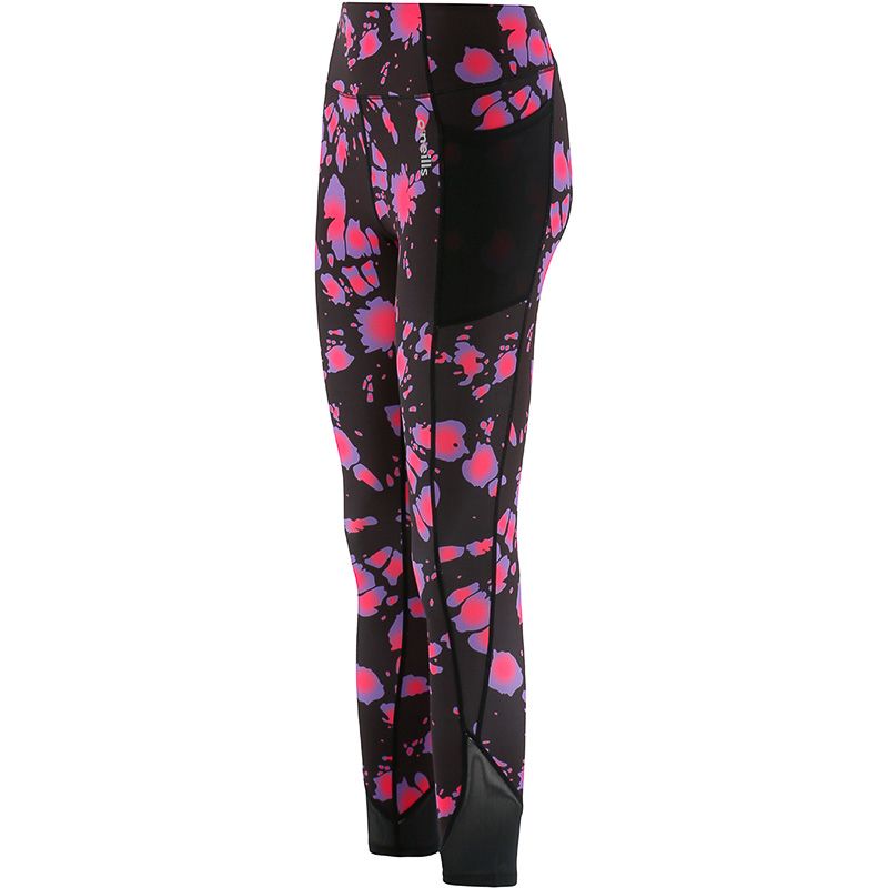 Women's' black 7/8 leggings with mesh detail and pink and purple tie dye print by O'Neills.