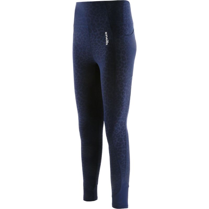 Navy leopard print kids' mesh gym leggings with side pockets from O’Neills.