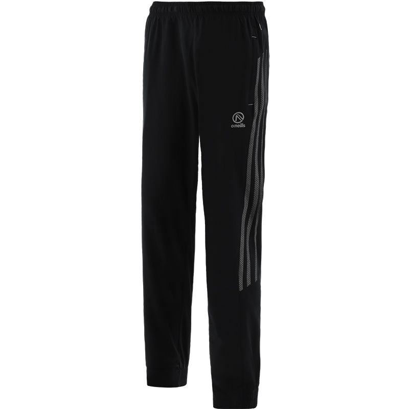 Black men’s woven tracksuit bottoms with Silver stripes on the sides and zip pockets by O’Neills.