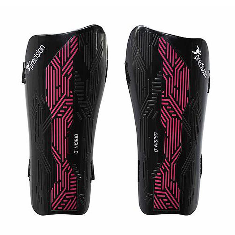 Black and Pink Precision Origin.0 Strap Shin Guards with lightweight outer shell from O'Neills.