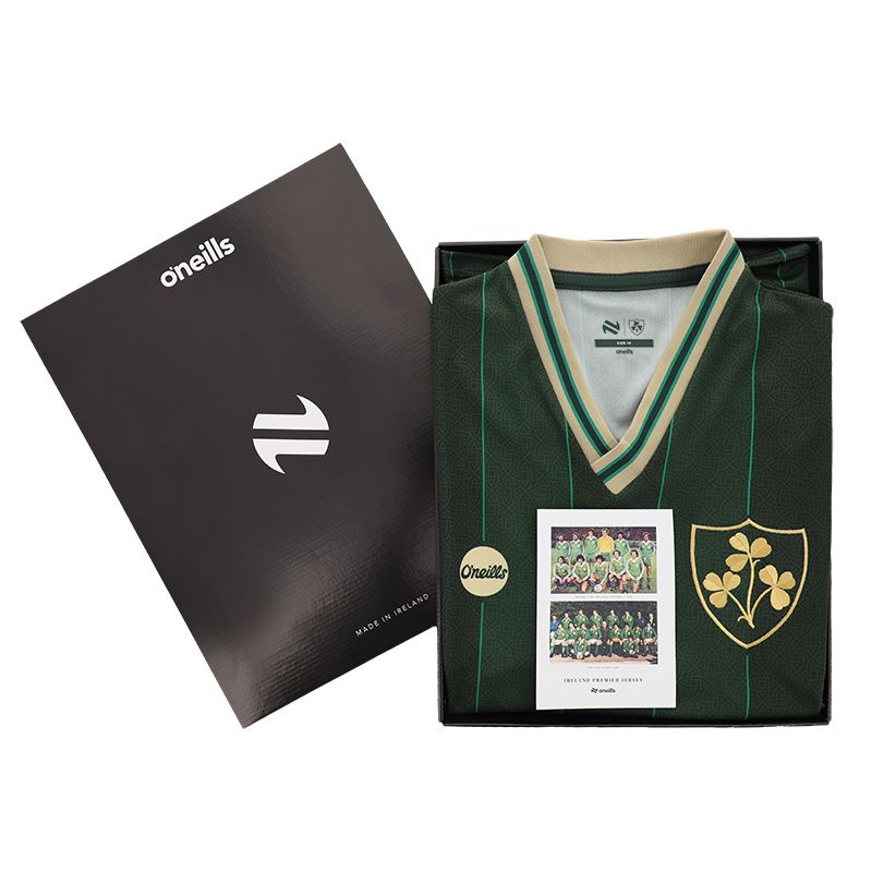 Women’s Green Ireland Premier Jersey with gold shamrock crest and v-neck collar by O’Neills.