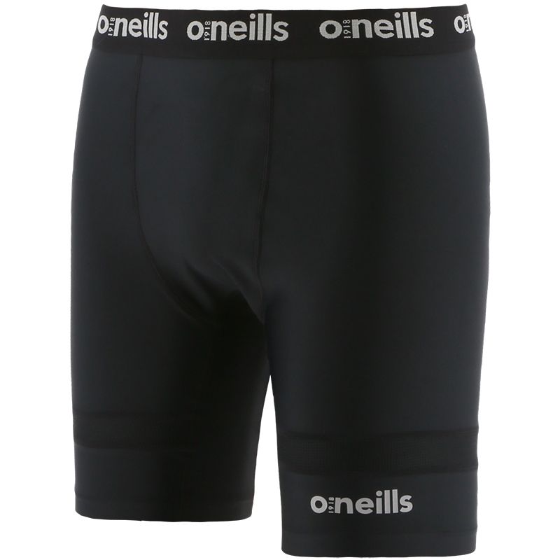 Black men’s base layer compression shorts with O’Neills branded elasticated waistband and mesh panels by O’Neills.