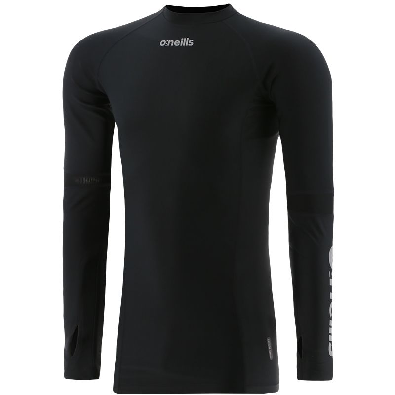 Black men’s base layer compression long sleeve top with O’Neills branding on left arm and mesh panels by O’Neills.