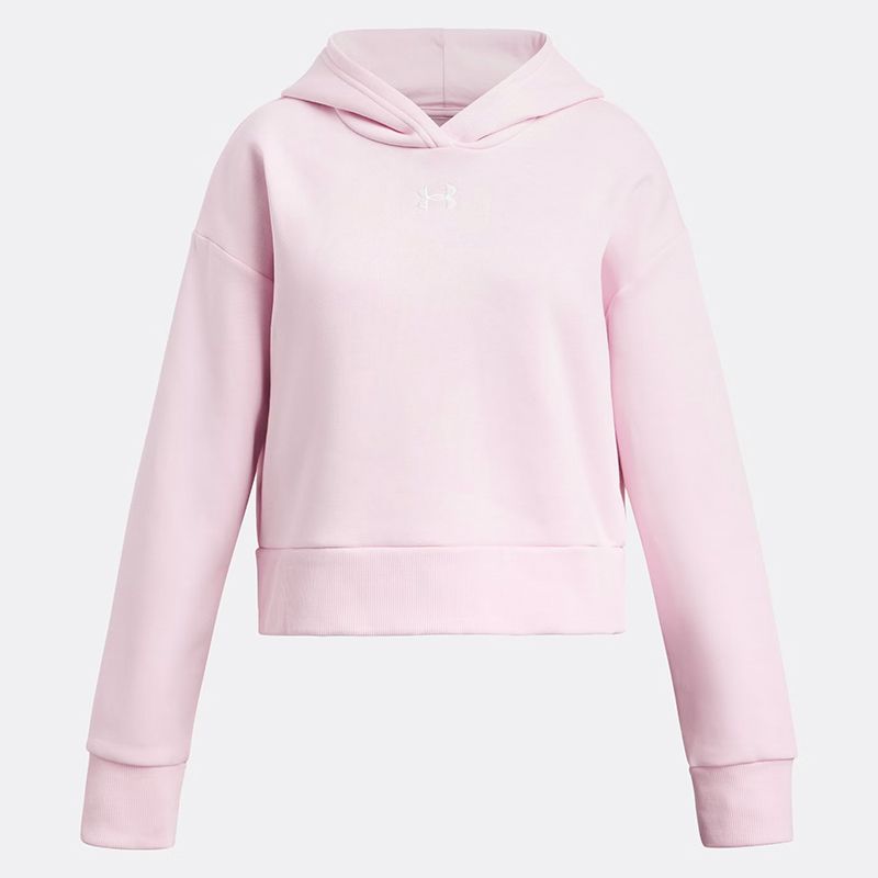 Pink and White Under Armour Kids' UA Rival Fleece Crop Hoodie from O'Neills