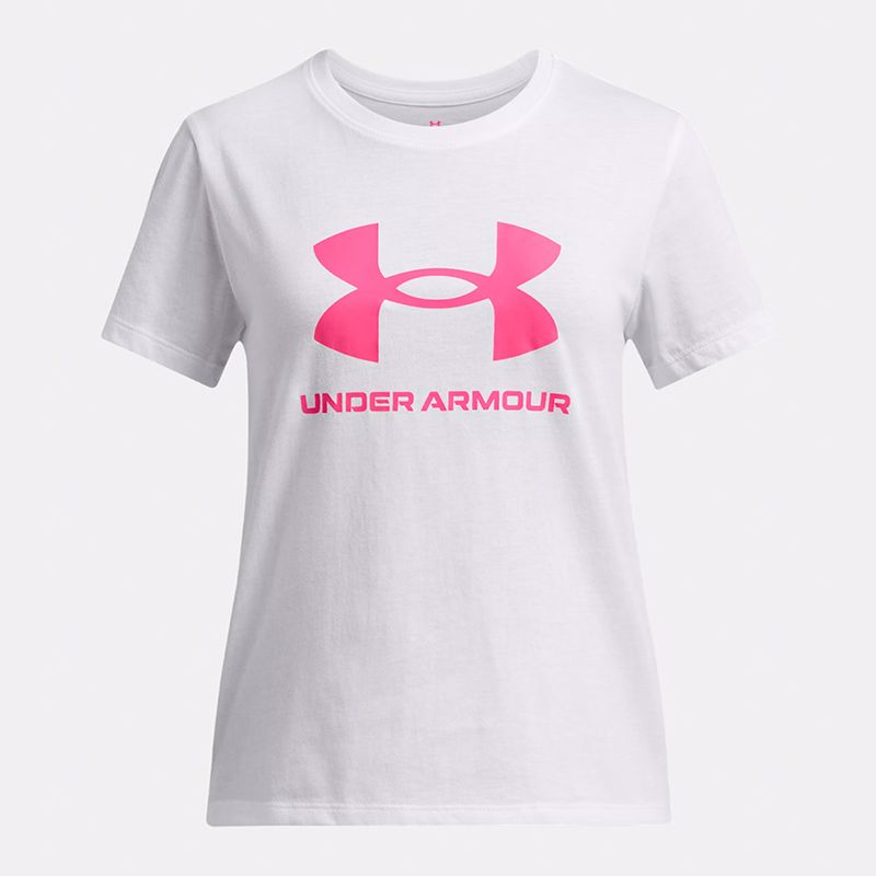 White and Pink Under Armour Kids' UA Big Logo T-Shirt Prime Pink from O'Neills
