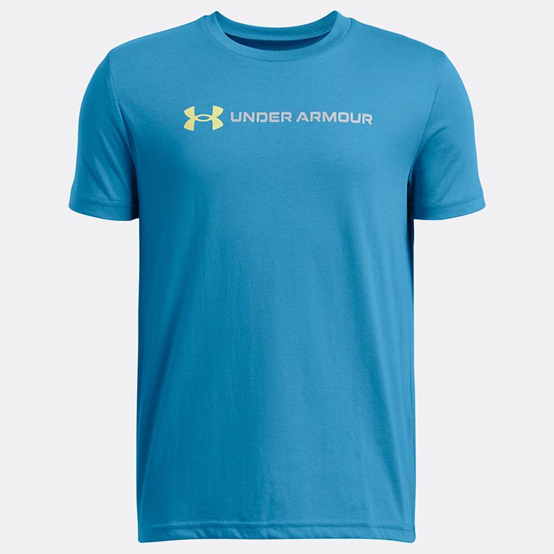 Blue Grey and Yellow Under Armour Kids' UA Logo Wordmark T-Shirt from O'Neills