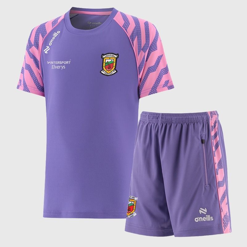 Purple O’Neills Kids' Mayo GAA Electro Two Piece Set including Short Sleeve T-Shirt and Shorts.