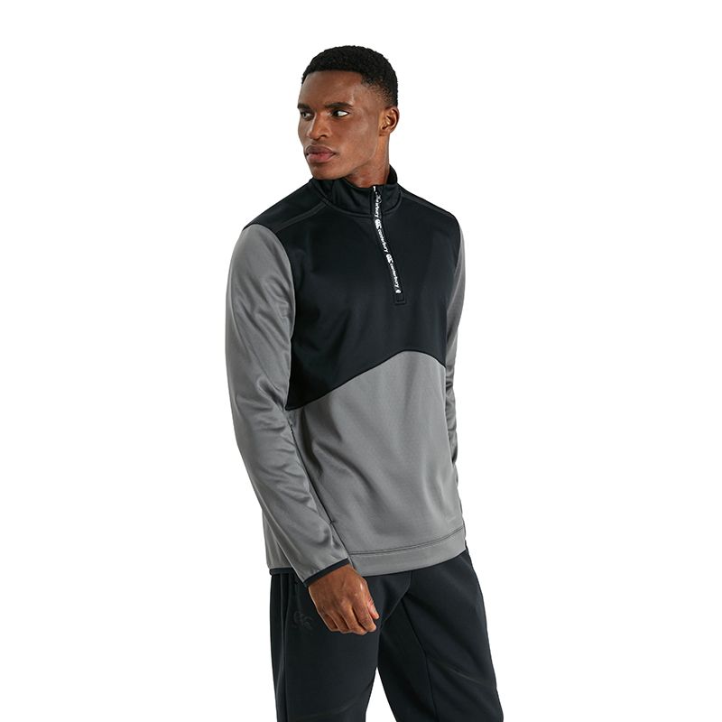 Grey Canterbury men's half zip top with black chest panel and branded zip from O'Neills.