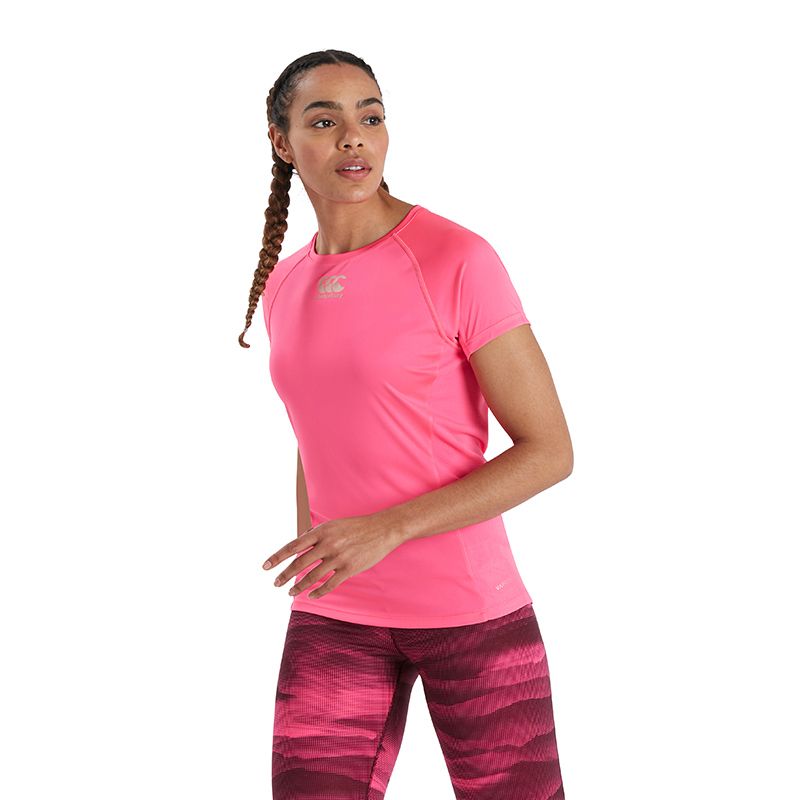 Pink Canterbury women's gym t-shirt with silver CCC logo on front and short sleeves from O'Neills.