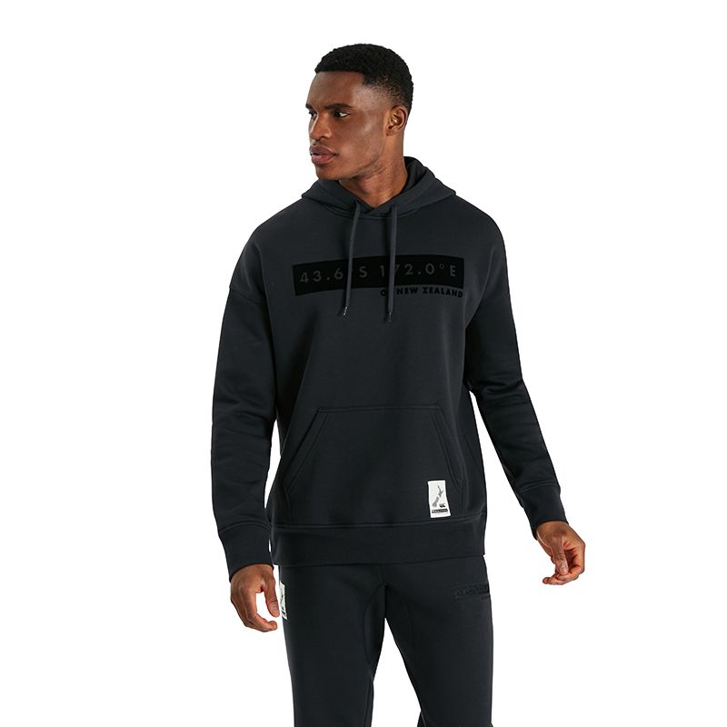 black Canterbury men's overhead hoodie with coordinates on front from O'Neills.
