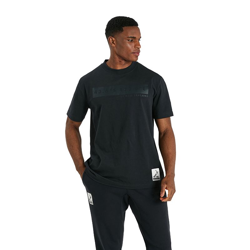 black Canterbury men's t-shirt with printed coordinates on the front from O'Neills.