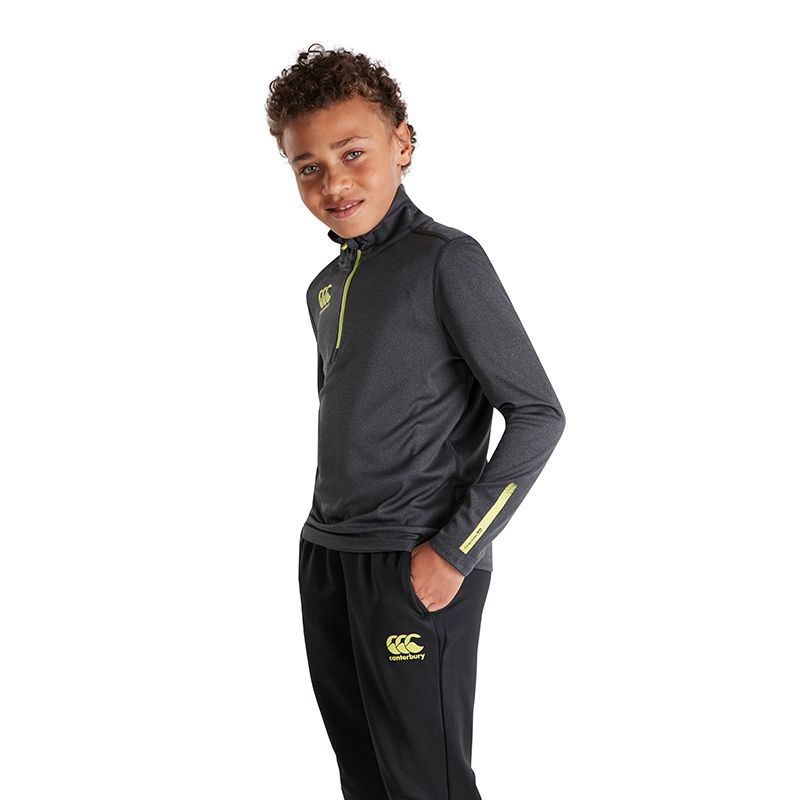 Grey Canterbury kids' first layer top with quarter zip and lime green CCC logo from O'Neills.
