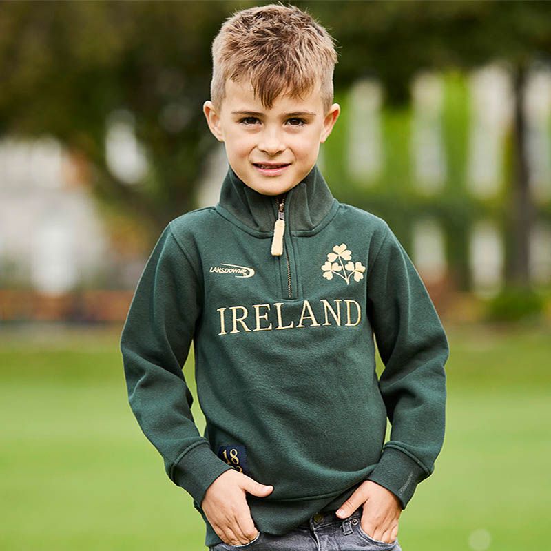Bottle Green Lansdowne Kids' Ireland Shamrock 1/4 Zip Fleece Top with a Ribbed Collar/Cuffs/Hem from O'Neill's.
