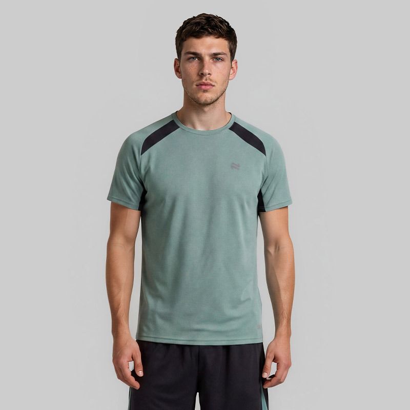 Green O’Neills Men’s Raptor T-Shirt with short sleeves and contrast pinhole texture panels