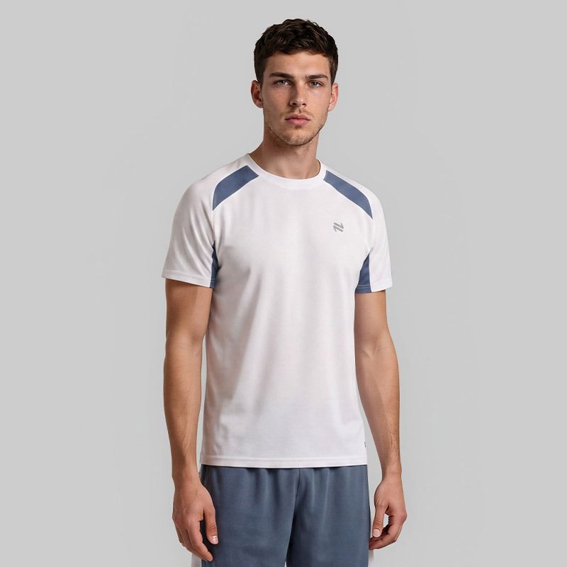 White O’Neills Men’s Raptor T-Shirt with short sleeves and contrast pinhole texture panels