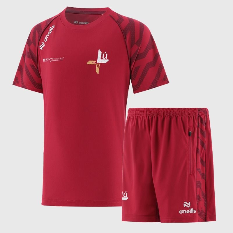Red O’Neills Kids' Louth GAA Electro Two Piece Set including Short Sleeve T-Shirt and Shorts.