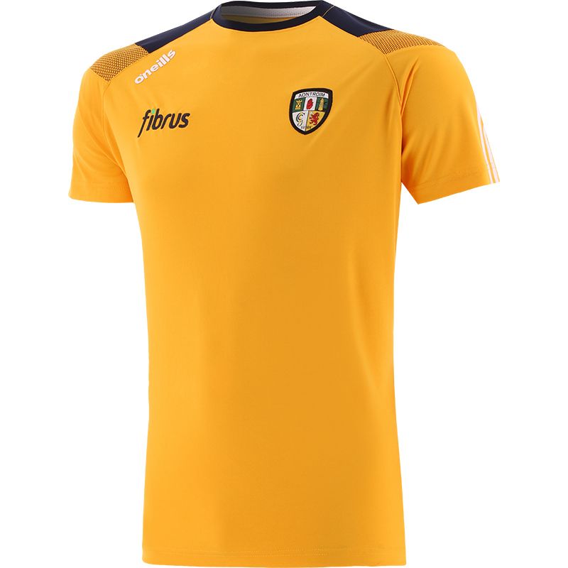 Amber Antrim GAA T-Shirt with county crest and stripes on the sleeves by O’Neills. 