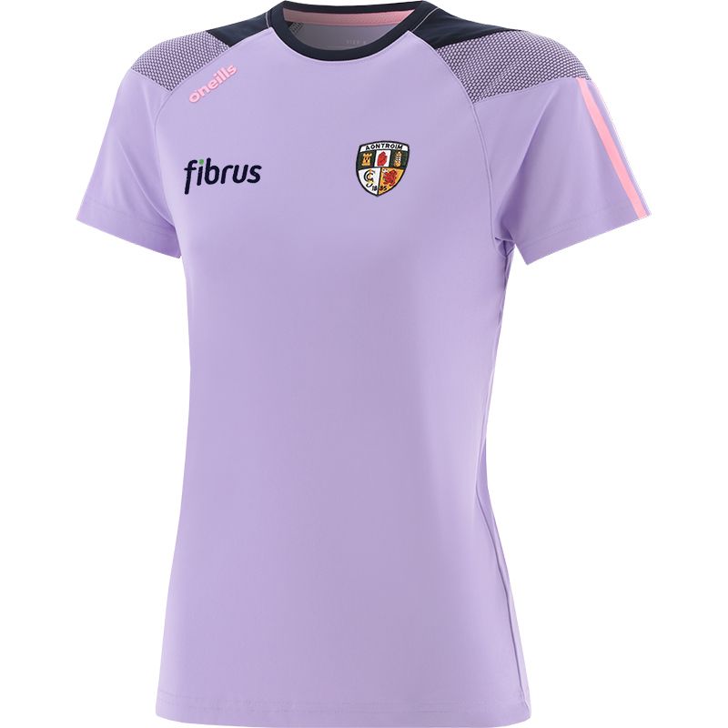 Purple Women's Antrim GAA T-Shirt with county crest and stripes on the sleeves by O’Neills. 