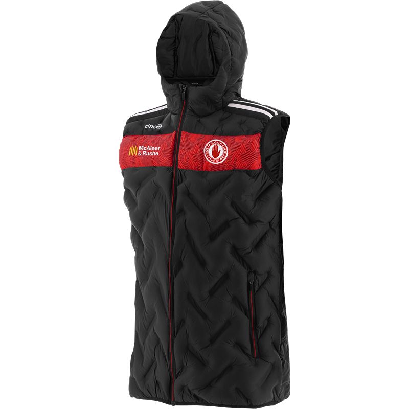 Black Tyrone GAA Rockway Hooded Padded Gilet with Hood and Zip Pockets by O’Neills.