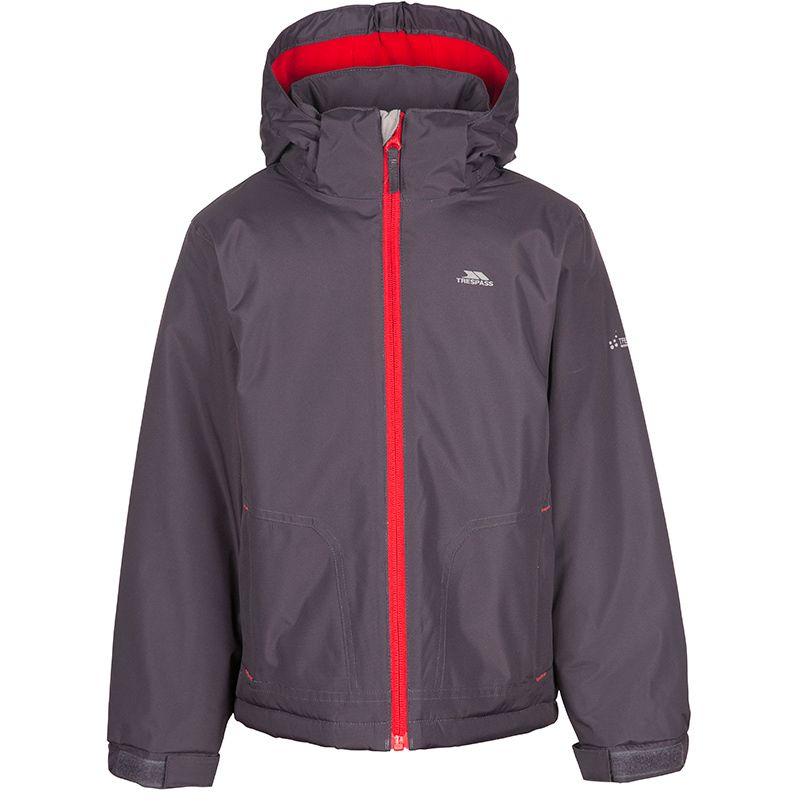 Grey kids Trespass school coat with red contract front zip from O'Neills.