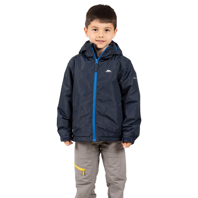 Navy kids Trespass school coat with Blue contract front zip from O'Neills.