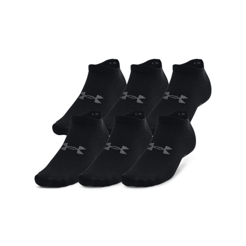 Black Under Armour Essential No Show 6 Pack Socks, with embedded arch support from O'Neills.
