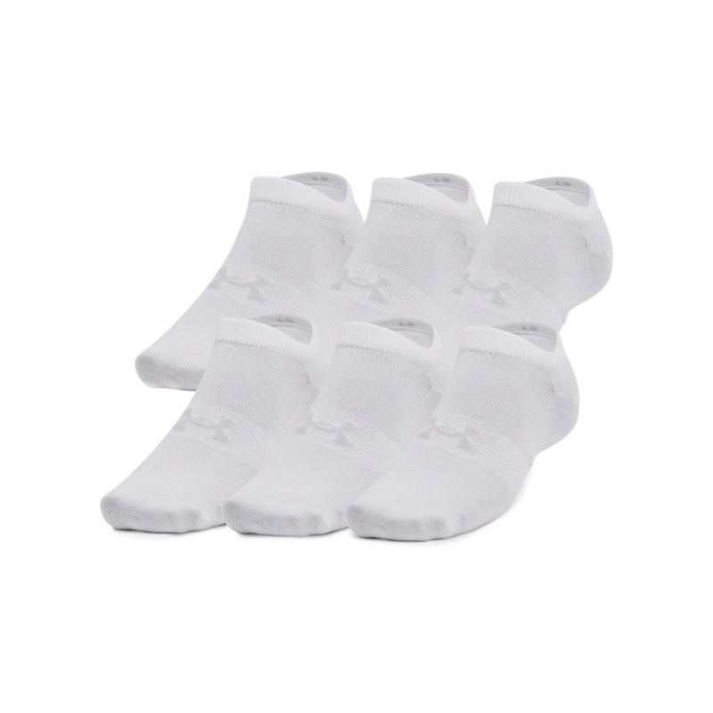 White Under Armour Essential No Show 6 Pack Socks, with embedded arch support from O'Neills.