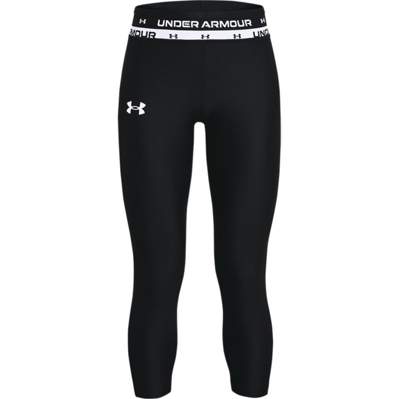 Black Under Armour kids' girls 3/4 cropped leggings with logo waistband from O'Neills.