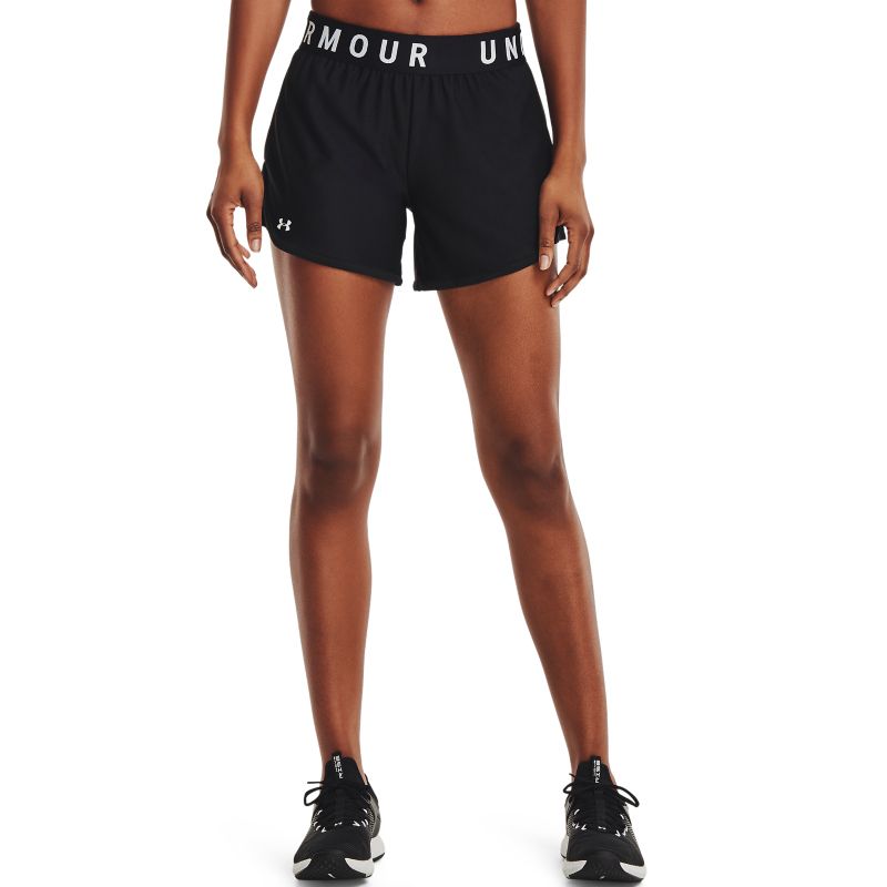 Women's Black Under Armour Play Up 5 Inch Shorts, with convenient side hand pockets from O'Neills.